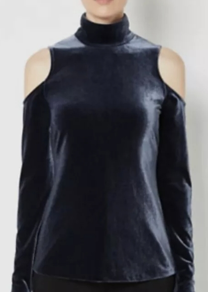 Witchery Blue Velvet Cold Shoulder Blouse Size Small - Picture 2 of 12